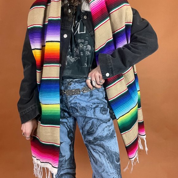 Serape Striped Oversized Scarf - Tan - Handmade - One Size - Picture 3 of 5